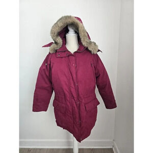 LL Bean Vintage Red Burgundy Goose Down Faux Fur Hooded Zip Parka Coat Jacket M